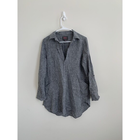 Forcynthia Beachwear Ladies Gray Linen Blend Coverup Sz S Tunic Pockets Roll Tab - Picture 1 of 7